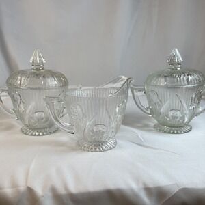 VTG Jeannette Glass Iris and Herringbone Creamer &  Lidded Sugar Bowls Clear